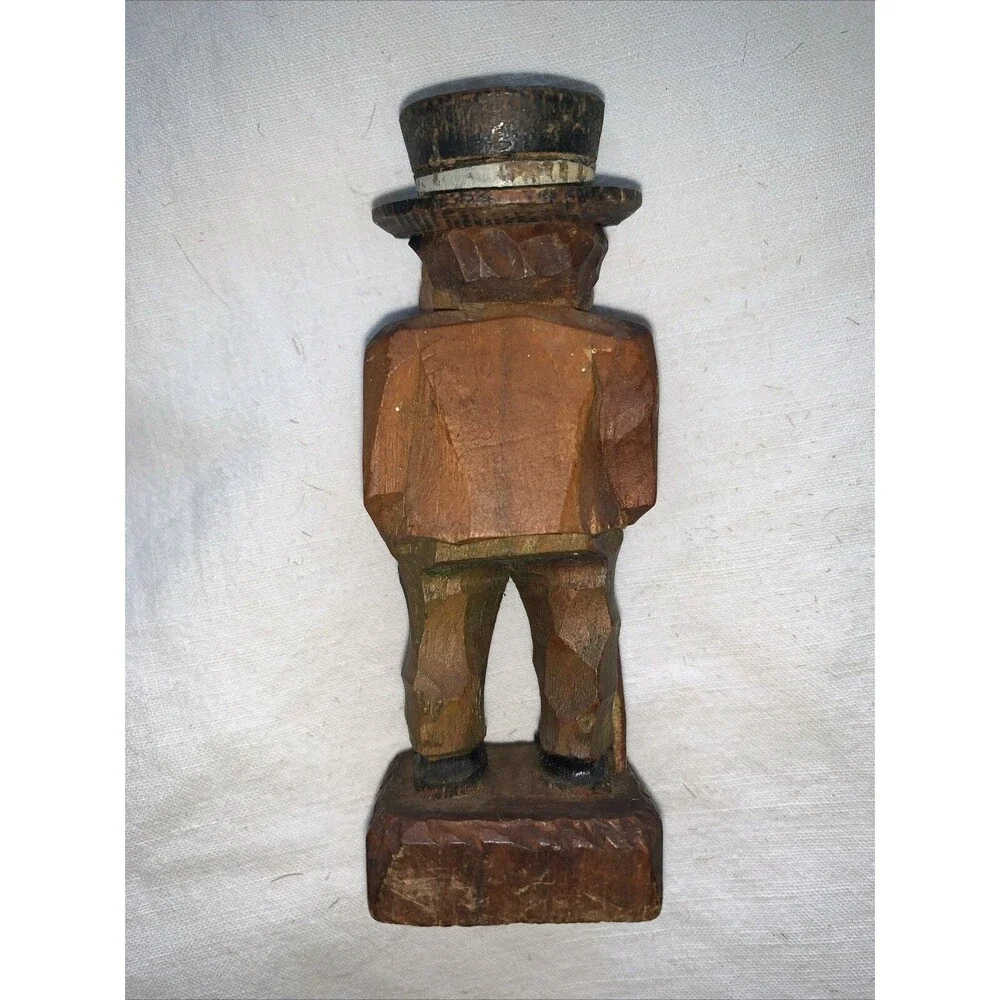 Vintage Hand Carved Wooden Man FolkArt Villager Figurine Top Hat Cane ANRI Style